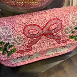 Pink Beaded bag  with Bow and Swan Design